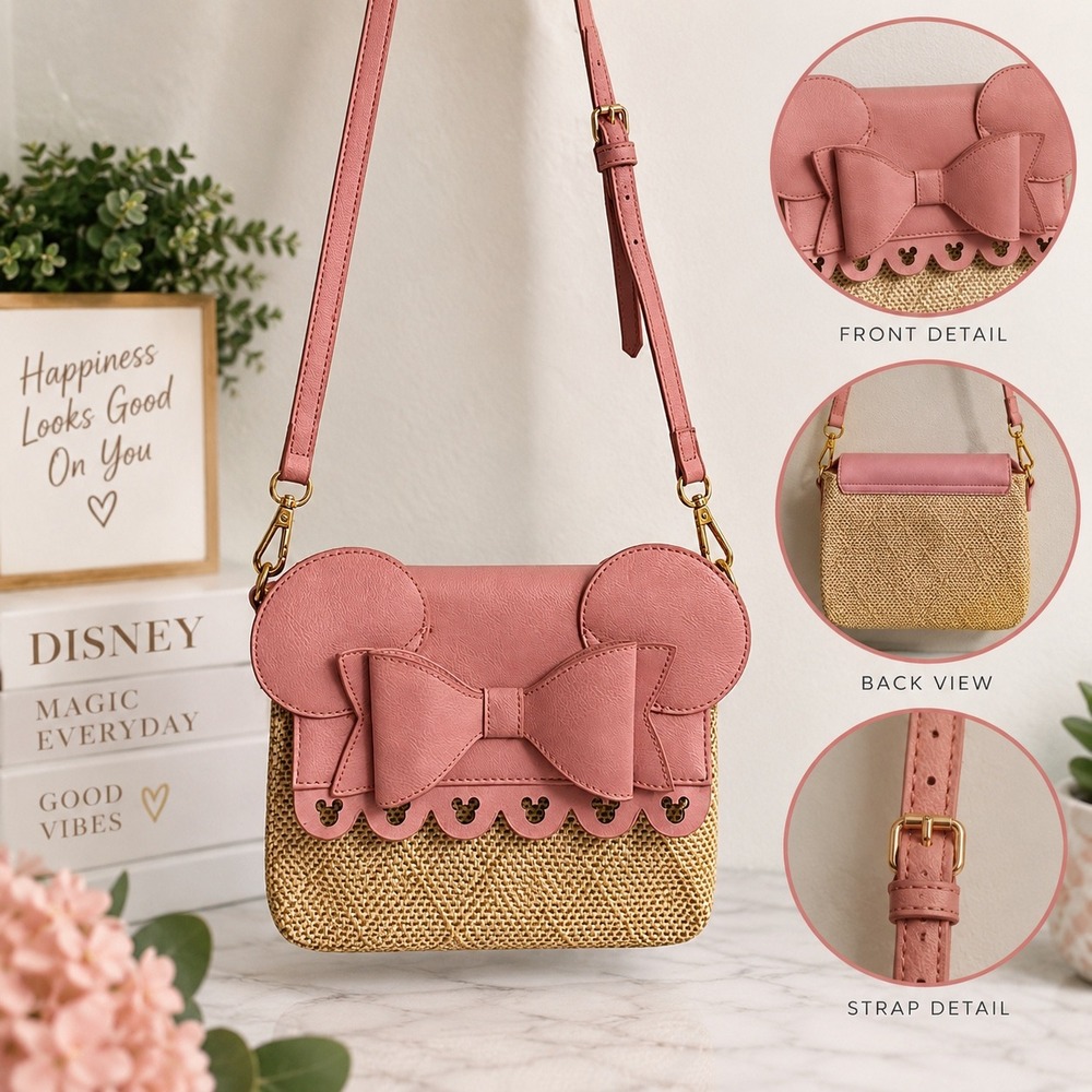 Disney Minnie Mouse Pink Faux Leather Woven Straw Crossbody Bag with Bow